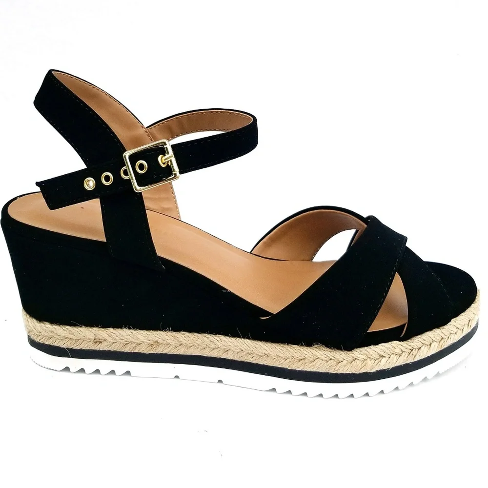 Black Espadrille Wedge Sandals with Ankle Strap